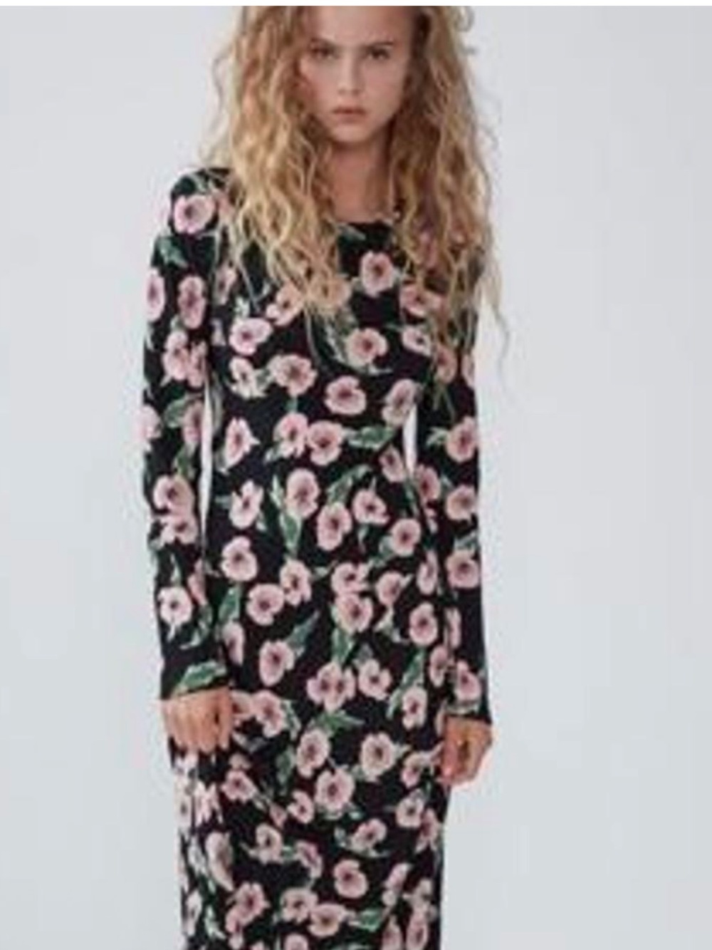 Zara Black Long Sleeve Midi Dress with Pink Floral Print Size Medium